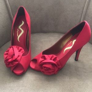 Ruby red satin flower peep toe heels